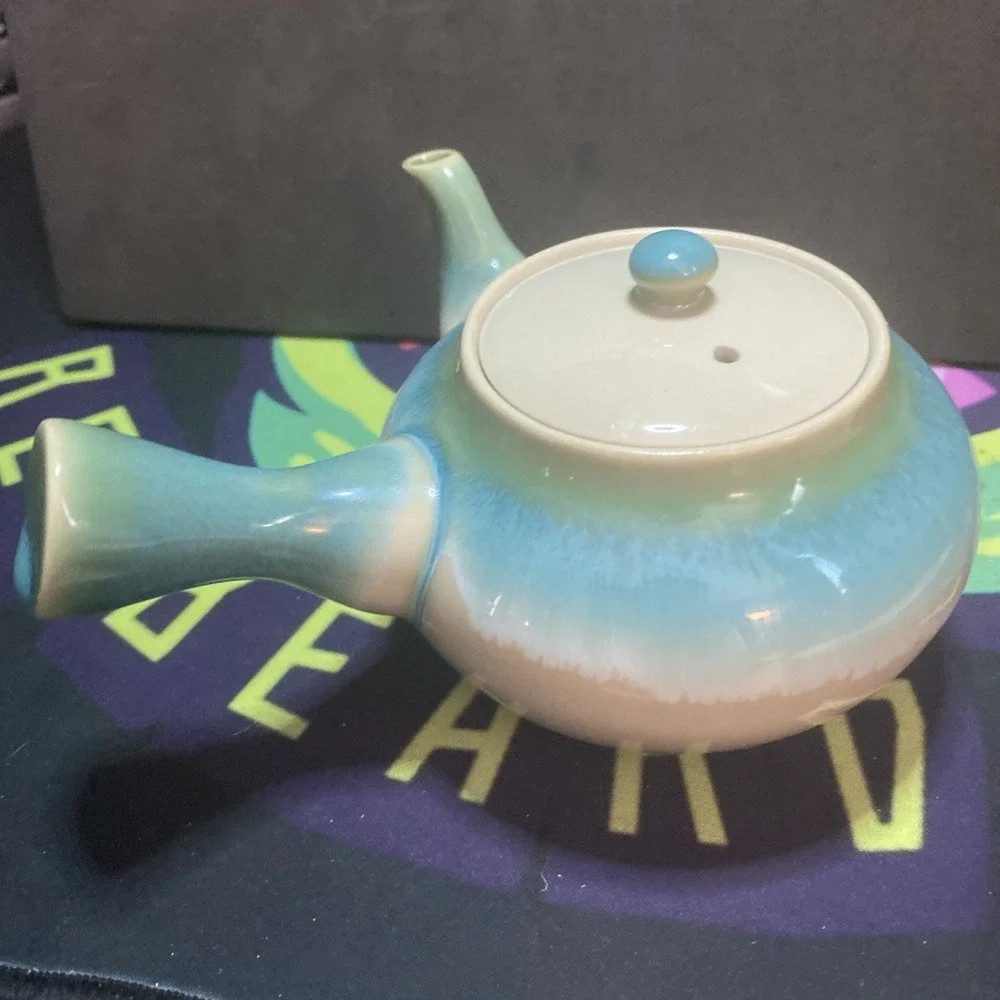 Rare Japanese Pottery Teapot Kyusu Blue & Brown Clean Nice